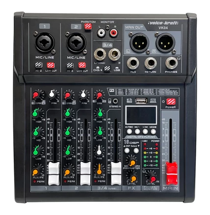 VK04 Keverőpult 2 mono/1 sztereo csatorna,USB Audio interface, Bluetooth, 16DSP effect
